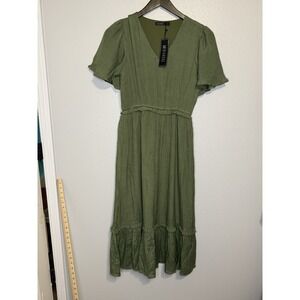 Mikarose Medium Flutter Sleeve Olive Green Midi Dress Modest